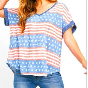 4th of July American Flag Ribbed Neck and Sleeve T-shirt